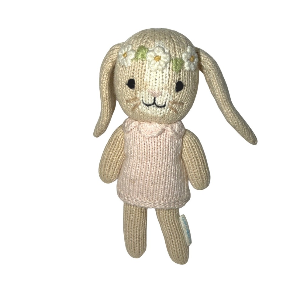 Cuddle + Kind Chloe the Bunny Little 7" Hand Knit Cotton Plush Doll Pink Dress